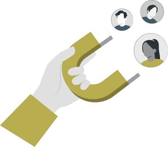 Magnet illustrating attracting three user profile icons, representing customer attraction, lead generation, and audience targeting
